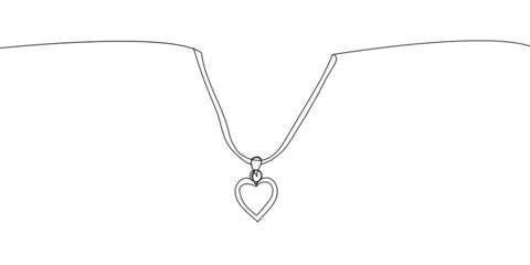 Heart shaped pendant necklace continuous line drawing. One line art of love, diamond, accessory, jewel, union of hearts, classic, romance. - obrazy, fototapety, plakaty