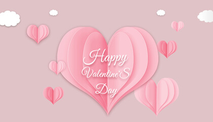 Happy Valentine's day background. Pink flying hearts on pink background. 3d  illustration. Paper cut decorations for Valentine's day border with place for text, typography template.