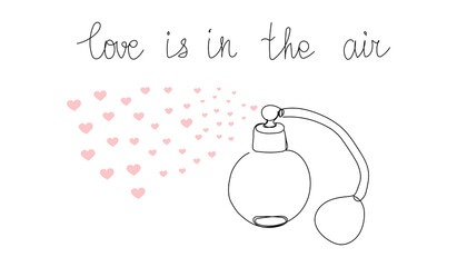 Love is in the air one line art. Continuous line drawing of perfume with pheromones, aroma of love, heart, love, feelings.