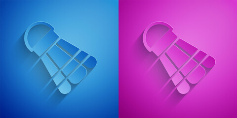 Paper cut Badminton shuttlecock icon isolated on blue and purple background. Sport equipment. Paper art style. Vector