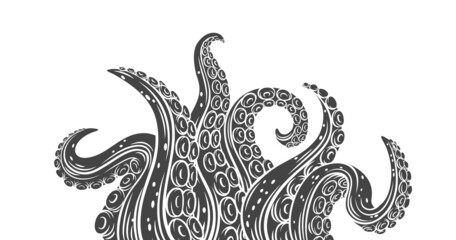Octopus glyph tentacles banner. Monochrome limbs of the sea monster kraken. Vector illustration of sea octopus twisted tentacles with sucker © Victoria Sergeeva
