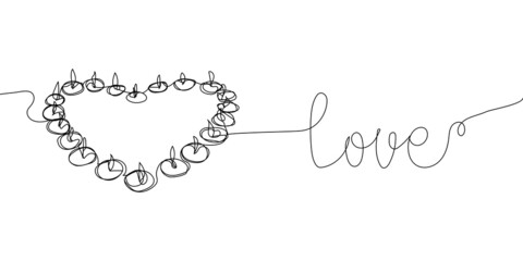 Obraz premium Love one line art. Continuous line drawing of one line phrase with heart shaped candles.