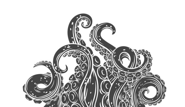 Octopus glyph tentacles banner. Monochrome limbs of the sea monster kraken. Vector illustration of sea octopus twisted tentacles with sucker