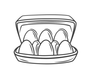 Egg box with six chicken eggs, carton pack or container outline drawn vector illustration.