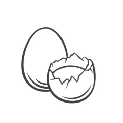 Whole and raw broken chicken eggs outline drawn vector illustration.