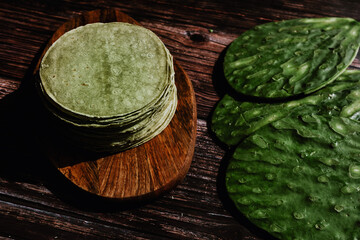 Mexican tortillas made with nopal in color green healthy vegan and organic food in Mexico	