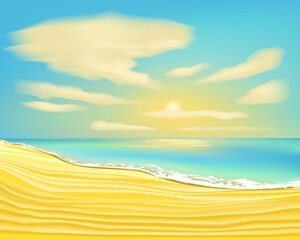 Summer background,  tropical landscape, vector illustration of the beach with waves and clouds. Vector cartoon style background of sea shore.
