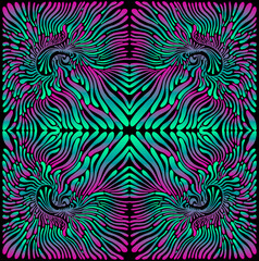 Psychedelic trippy colorful fractal mandala, turquoise violet blue gradient color. 3D effect.