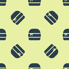 Blue Burger icon isolated seamless pattern on yellow background. Hamburger icon. Cheeseburger sandwich sign. Fast food menu. Vector
