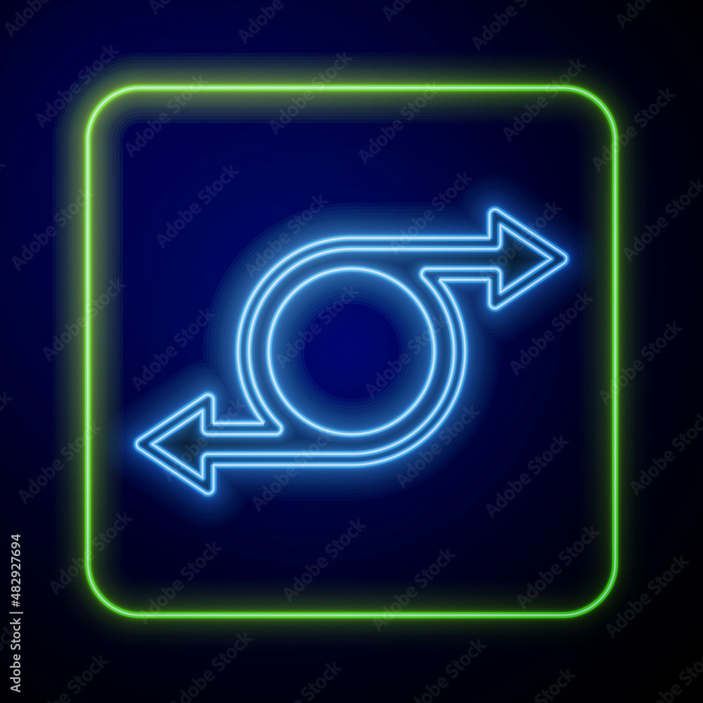 Poster glowing neon arrow icon isolated on blue background. direction arrowhead symbol. navigation pointer 