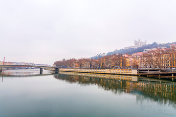 Winter scene with buildings around the River Saone, Lyon, France