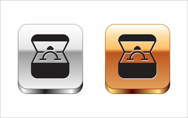 Black Diamond engagement ring in a box icon isolated on white background. Silver and gold square buttons. Vector