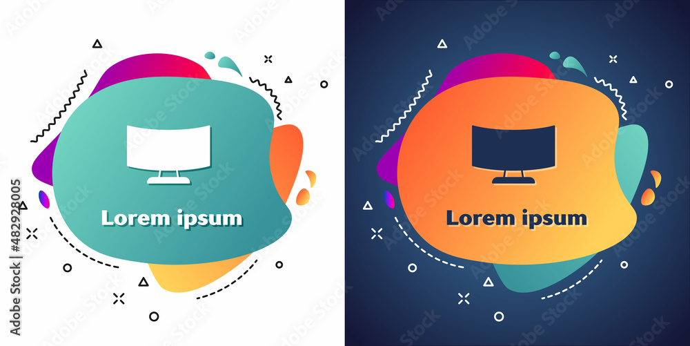 Poster White Computer monitor screen icon isolated on white and blue background. Electronic device. Front view. Abstract banner with liquid shapes. Vector