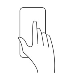 Hand with phone, smartphone index finger. Single tap flat icon, touch and hand gestures, mobile interface. Flat line vector illustration isolated on white background.