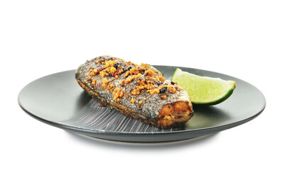 Plate with delicious sea bass fish and lemon on white background