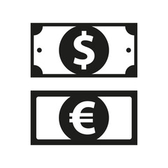 Dollar and euro bill icons. Dollar and euro banknotes. Money symbol, cash sign. Flat vector illustration isolated on white background.