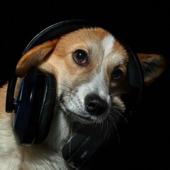 Pies rasy corgi z dużymi słuchawkami i wzmacniaczem na czarnym tle - obrazy, fototapety, plakaty