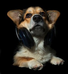 Pies rasy corgi z dużymi słuchawkami i wzmacniaczem na czarnym tle - obrazy, fototapety, plakaty