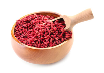 Bowl and scoop with dried barberries on white background