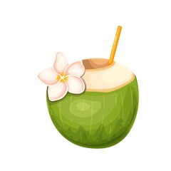 Coconut water drink with straw. Open young green coconut milk drink vector illustration.