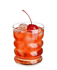 Glass of Manhattan cocktail with cherry and ice on white background