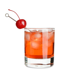 Glass of tasty Manhattan cocktail with cherry and ice on white background
