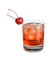 Glass of tasty Manhattan cocktail with cherry and ice on white background