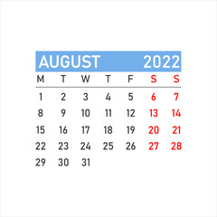 August 2022 calendar. Vector illustration of a calendar for august 2022. Wall table calendar vector template. August 2022 wall calendar template.