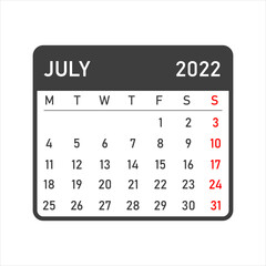 July 2022 calendar. Vector illustration of a calendar for July 2022. Wall table calendar vector template. July 2022 wall calendar template.