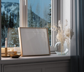 Home mockup, frame close up standing on windowsill at winter evening time, 3d render