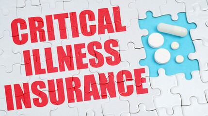 On the puzzles there is an inscription - Critical Illness Insurance, on a blue background pills.