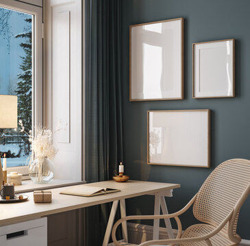 Home workplace interior with frame mockup at winter evening time, 3d render