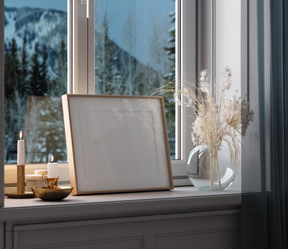 Home mockup, frame close up standing on windowsill at winter evening time, 3d render