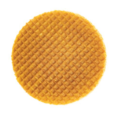 Famous Dutch wafer caramel cookie isolated on white. Close up top view. Shutting from the above. 