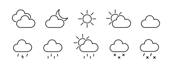 Weather icon collection. Sun, rain, snow, lightning, cloud meteo elements