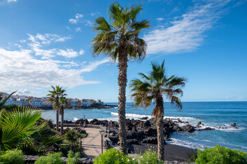 View on colorful Playa Jardin, palm trees and black lava rocks in Puerto de la Cruz, Tenerife, Canary islands