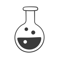 Laboratory flask icon in doodle style. Children drawing. Hand drawn vector illustration isolated on white background.
