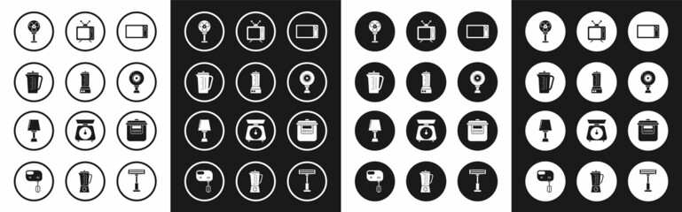 Set Microwave oven, Blender, Measuring cup, Electric fan, Web camera, Television, Slow cooker and Table lamp icon. Vector