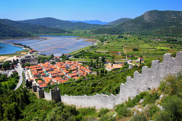 View pof Ston town and its defensive walls, Peljesac Peninsula, Croatia