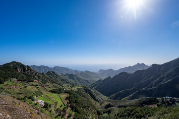 Panoramic view on green mountains of Anaga national park, North of Tenerife, Canary islands, Spain