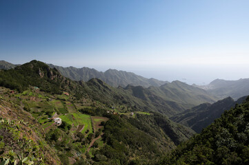 Obraz premium Panoramic view on green mountains of Anaga national park, North of Tenerife, Canary islands, Spain