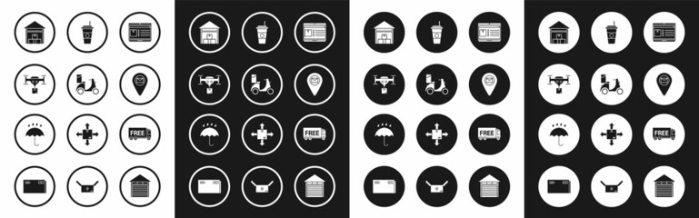 Set Laptop with app delivery tracking, Scooter, Delivery drone the package, Warehouse, Placeholder map paper, Coffee cup, Free service and Umbrella and rain drops icon. Vector