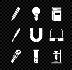 Set Pencil with eraser, Light bulb concept of idea, Book, Stationery knife, Test tube and flask chemical laboratory, Glass test fire, Paint brush and Magnet icon. Vector