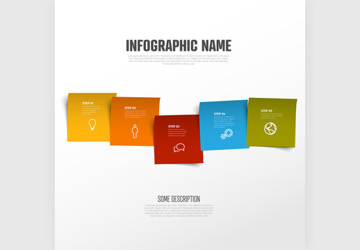 Five Simple Colorful Sticky Paper Steps Process Infographic Layout