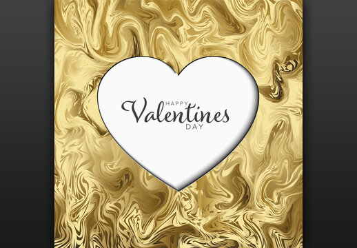 Happy Valentines Day Card Layout with Heart Cut Out in Golden Marble Paper