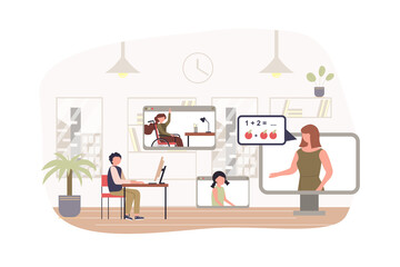 Distance learning modern flat concept. Boy pupil sits at home and watches video lesson with teacher and classmates. Online education. Vector illustration with people scene for web banner design