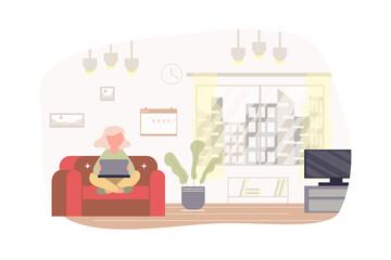 Freelance working at home modern flat concept. Woman freelancer sitting with laptop on sofa in living room. Remote worker doing work online. Vector illustration with people scene for web banner design