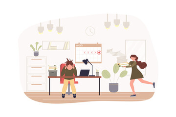 Deadline and paperwork at office modern flat concept. Tired employee sits at table, secretary hurries with documents. Stress and problems. Vector illustration with people scene for web banner design