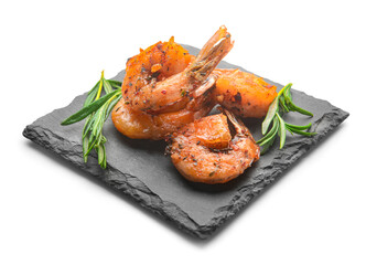 Board of tasty shrimp tails with spices on white background