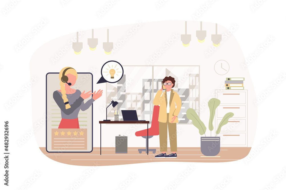 Poster Virtual assistant modern flat concept. Client calls technical support service and personal consultant solves the problem by smartphone. Vector illustration with people scene for web banner design